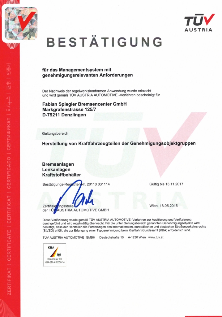 TÜV Bestätigung - Servoleitung
