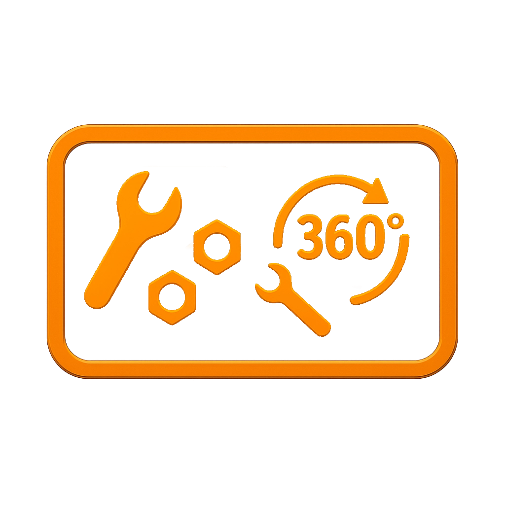 Symbol mit Schraubenschlüsseln, Muttern und 360°-Pfeil