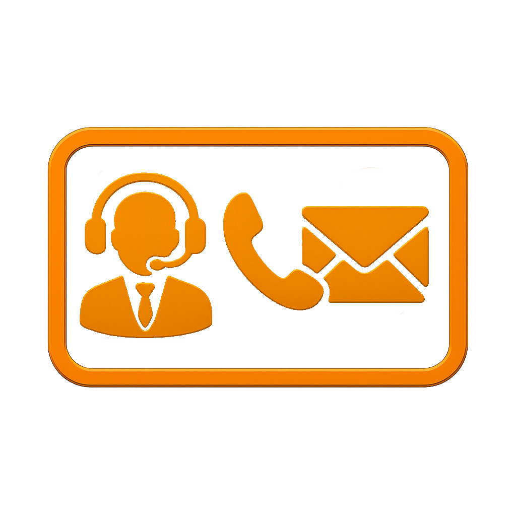 Symbolgrafik mit Kundendienst-Mitarbeiter, Telefonhörer und Briefumschlag – steht für Kontakt und Support.