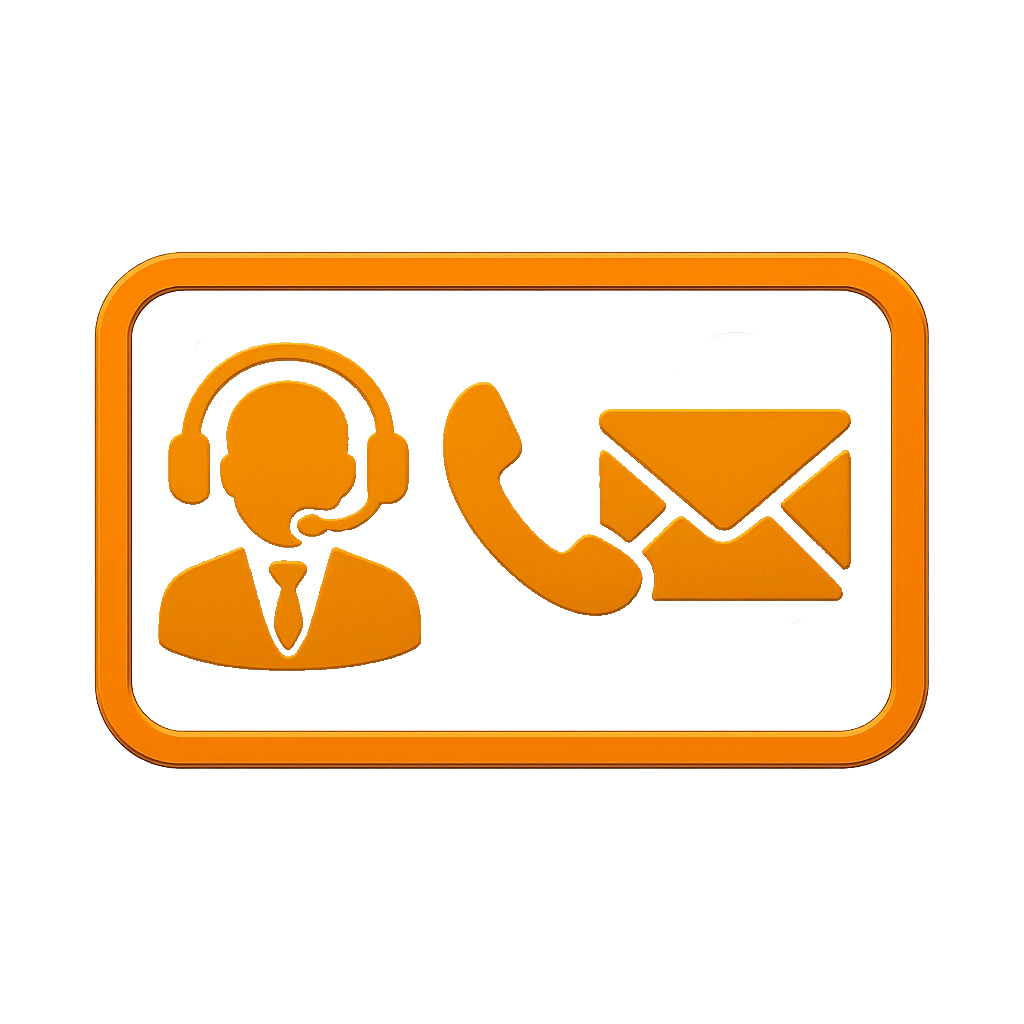 Symbolgrafik mit Kundendienst-Mitarbeiter, Telefonhörer und Briefumschlag – steht für Kontakt und Support.