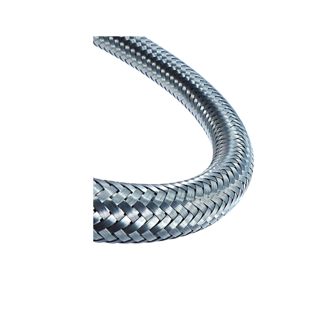 Nahaufnahme einer Edelstahl-geflechteten Stahlflexleitung