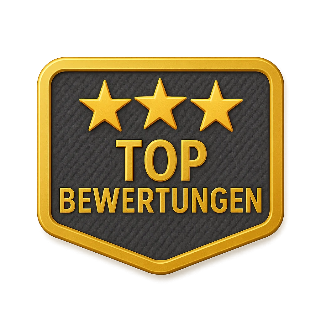 Abzeichen mit drei goldenen Sternen und dem Text: Top Bewertungen.