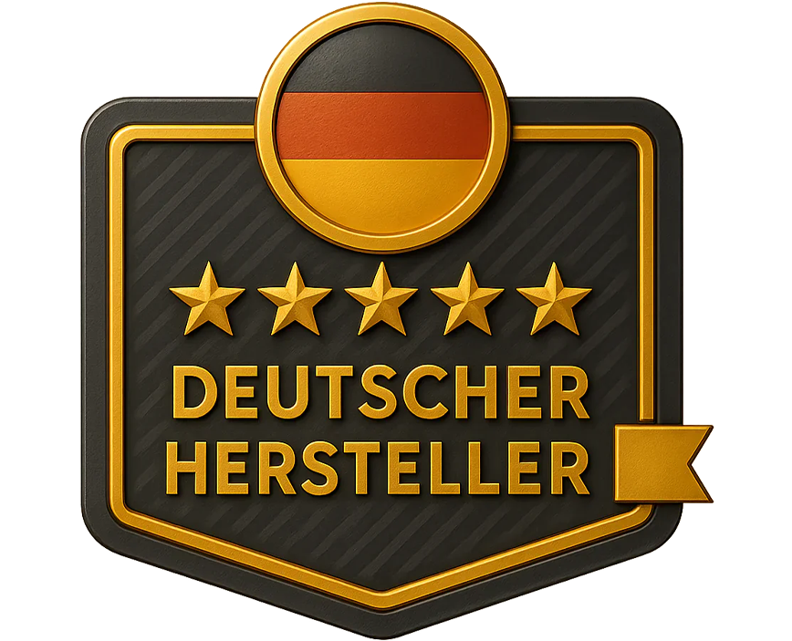 Abzeichen mit deutscher Flagge, fünf Sternen und dem Text: Deutscher Hersteller.