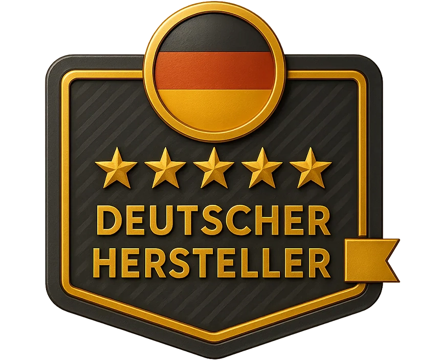 Abzeichen mit deutscher Flagge, fünf Sternen und dem Text: Deutscher Hersteller.