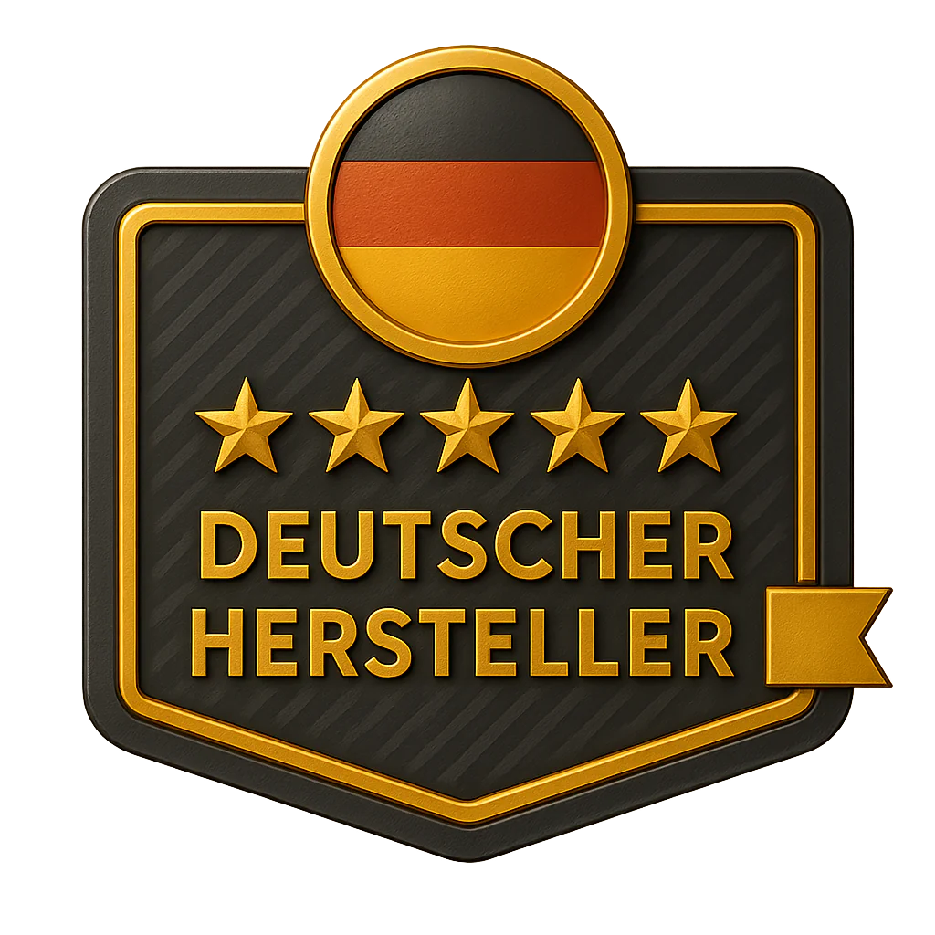 Abzeichen mit deutscher Flagge, fünf Sternen und dem Text: Deutscher Hersteller.