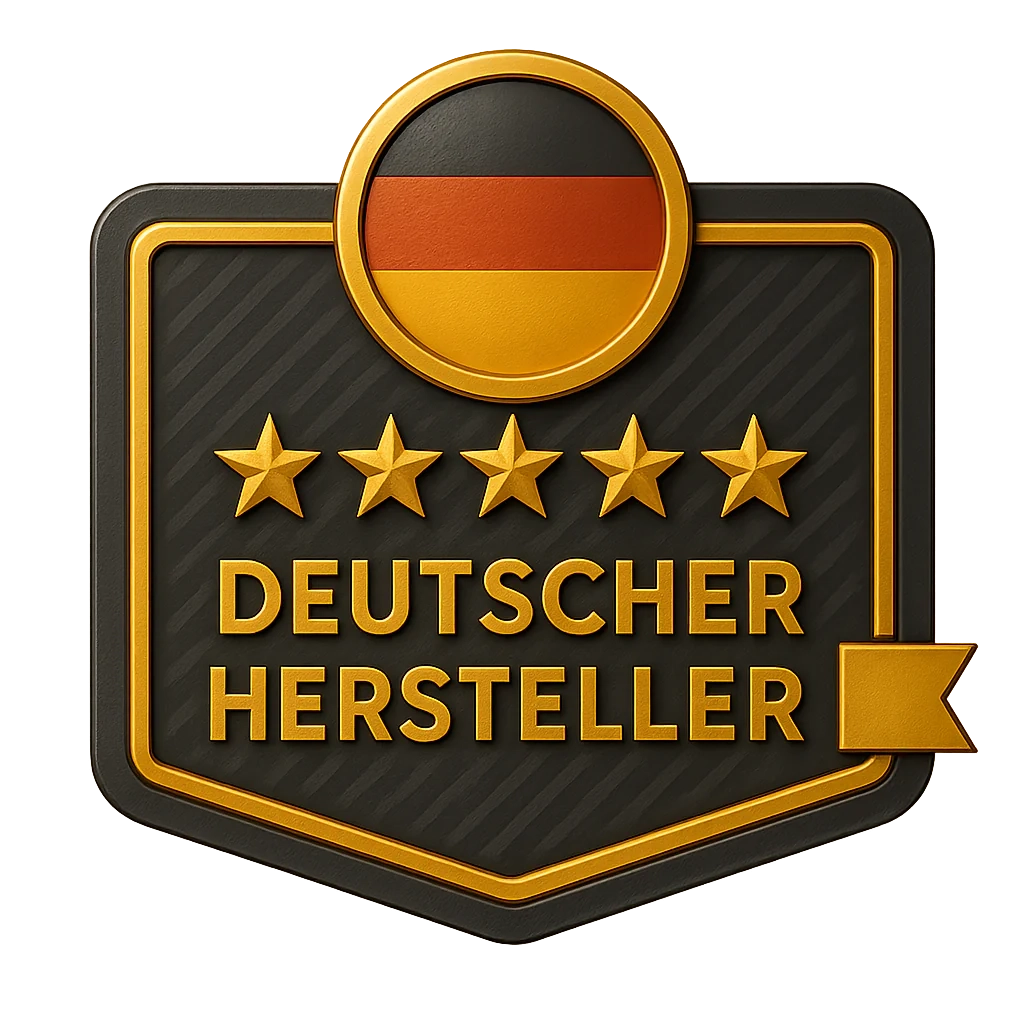 Abzeichen mit deutscher Flagge, fünf Sternen und dem Text: Deutscher Hersteller.