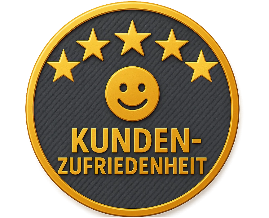 Rundes Abzeichen mit fünf Sternen, Smiley und dem Text: Kundenzufriedenheit.