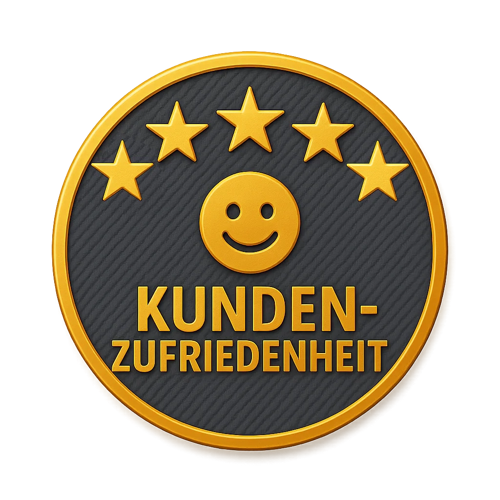 Rundes Abzeichen mit fünf Sternen, Smiley und dem Text: Kundenzufriedenheit.