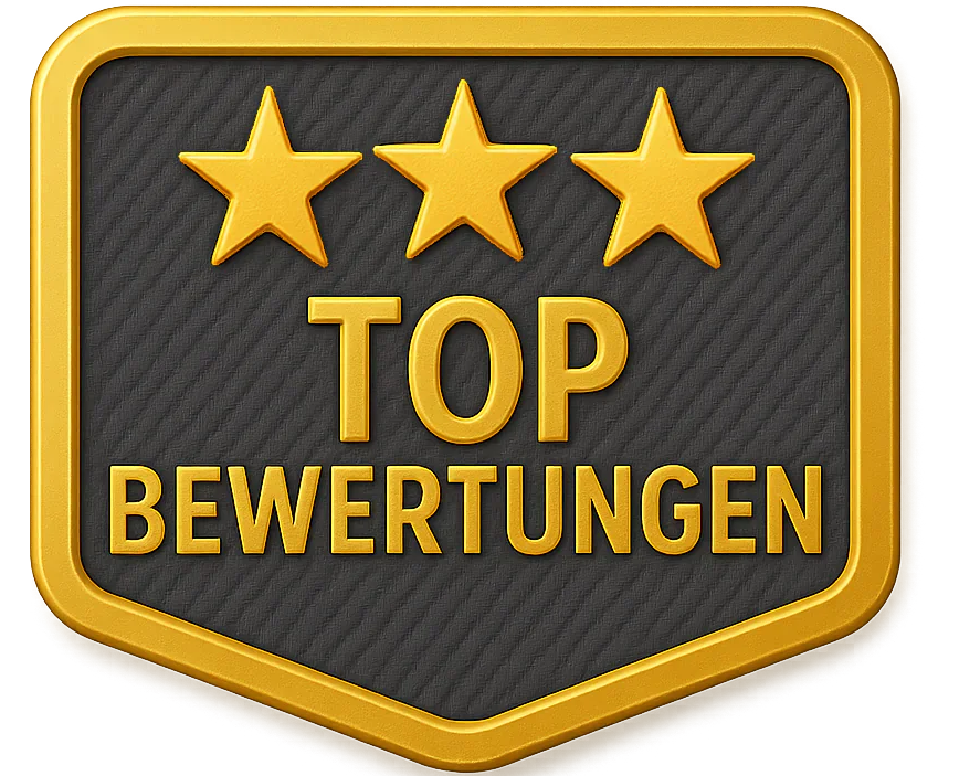 Abzeichen mit drei goldenen Sternen und dem Text: Top Bewertungen.