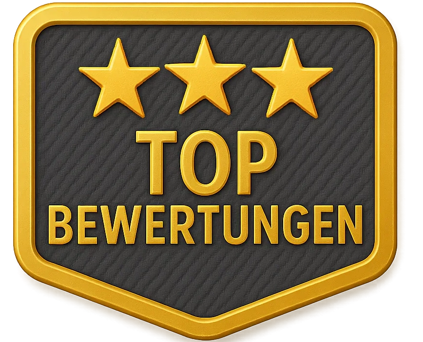 Abzeichen mit drei goldenen Sternen und dem Text: Top Bewertungen.